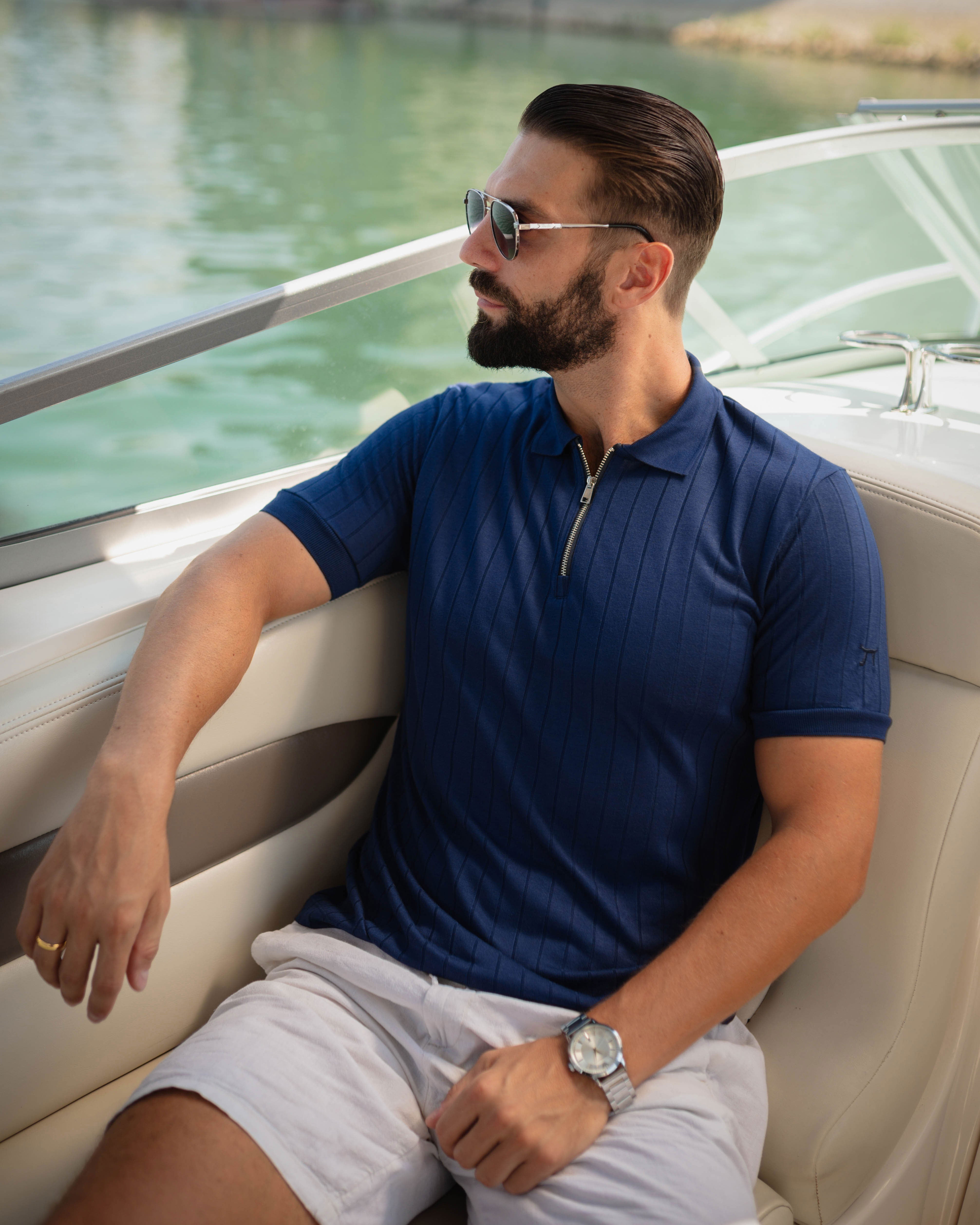 LAZARE™ AZUR LINES ZIP T-SHIRT - OCEAN NIGHT BLUE