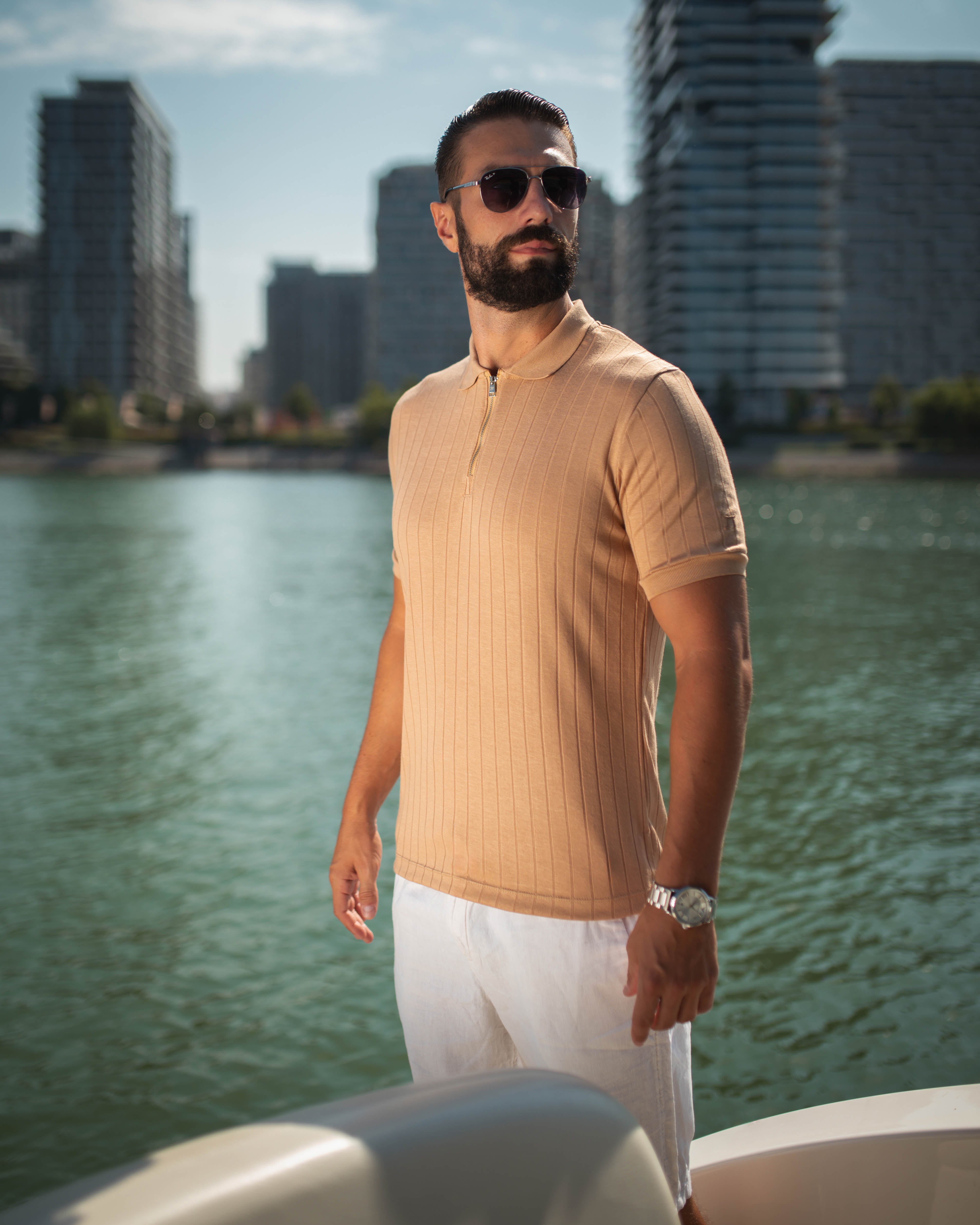 LAZARE™ AZUR LINES ZIP T-SHIRT - CRÈME ROYALE