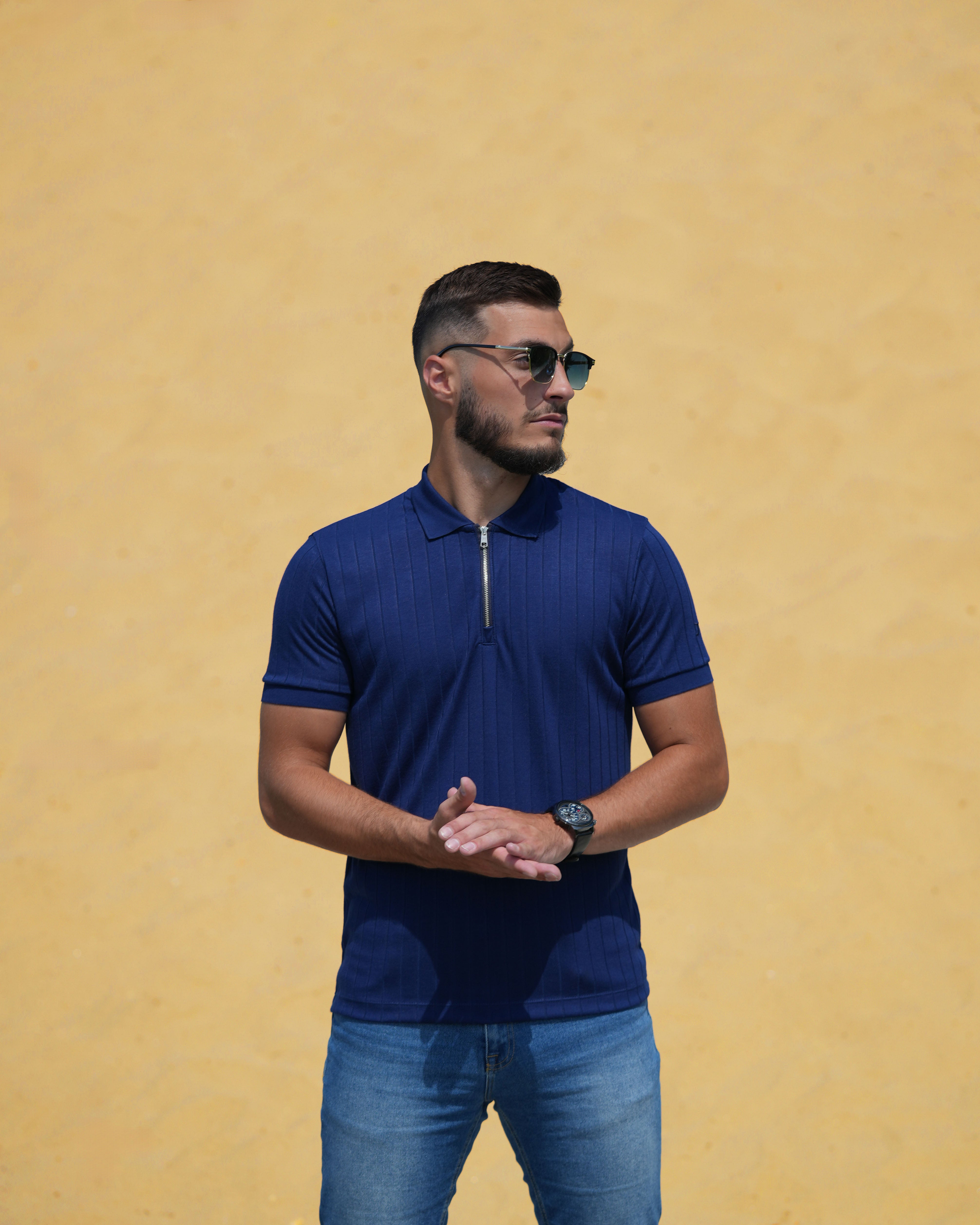 LAZARE™ AZUR LINES ZIP T-SHIRT - OCEAN NIGHT BLUE