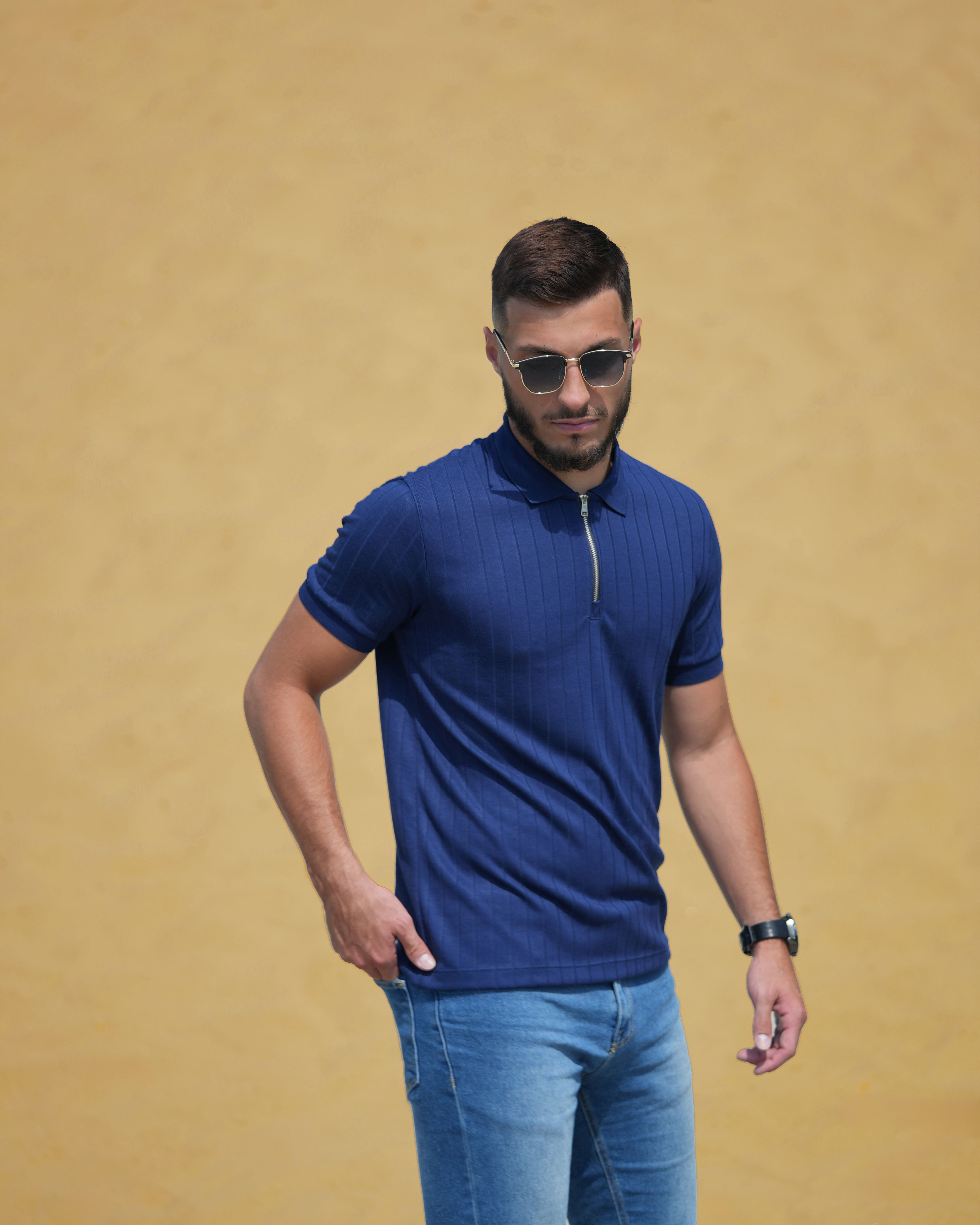 LAZARE™ AZUR LINES ZIP T-SHIRT - OCEAN NIGHT BLUE