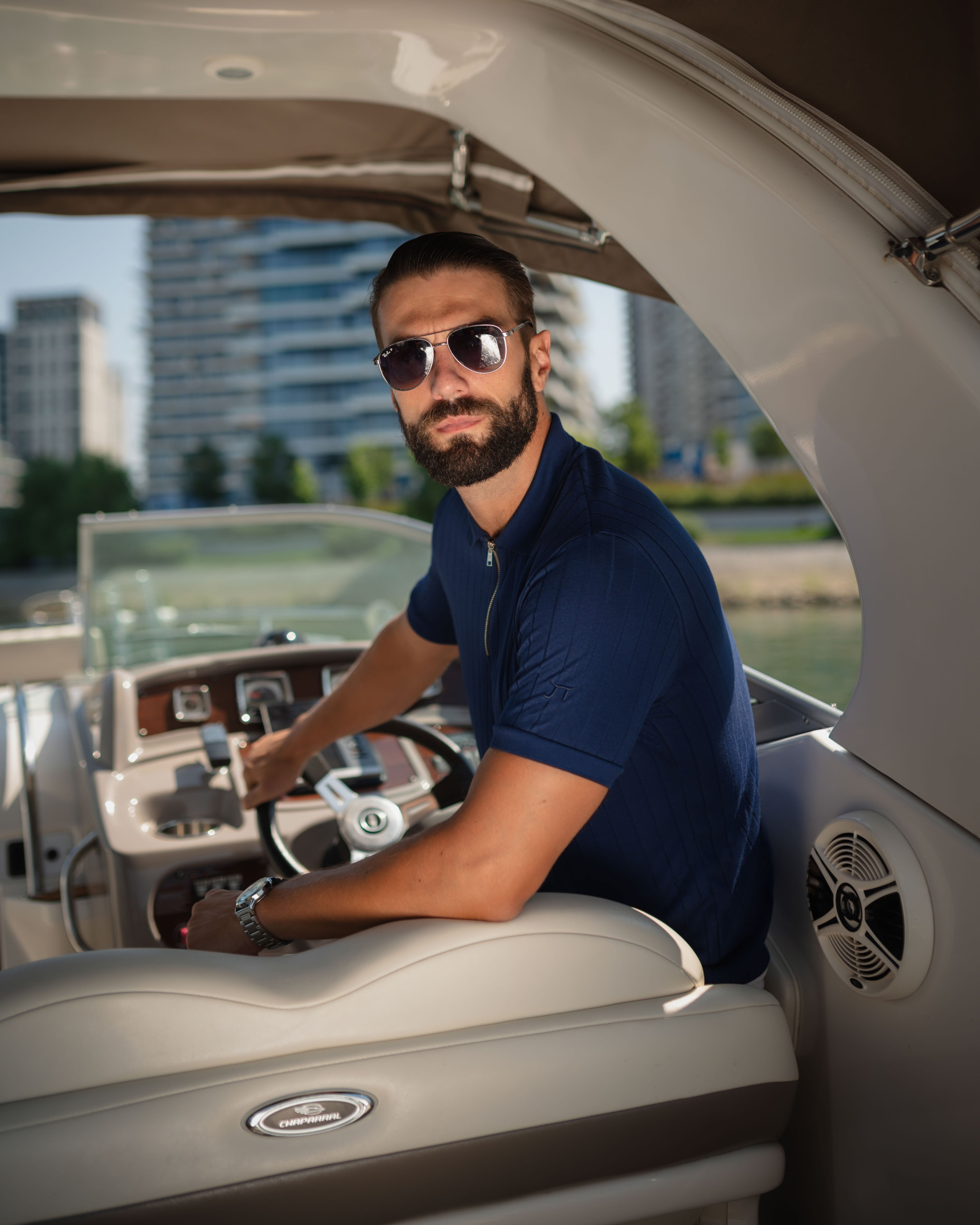 LAZARE™ AZUR LINES ZIP T-SHIRT - OCEAN NIGHT BLUE